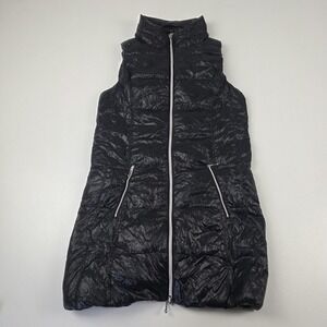 Anorak Vest Womens Small Black Quilted Down Puffer Long Full Zip Collared